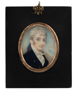 A Georgian hand-painted miniature portrait of a gent in a blue coat, painted on ivory, early 19th century, 12 x 10cm overall