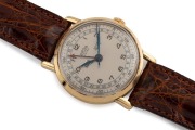 ARSA "EXTRA" manual wristwatch in solid 18ct gold case with silver dial, dual date windows and brown leather band, circa 1960. 3.8 cm wide including crown - 2