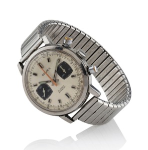 GEVEA automatic alarm wristwatch in stainless steel case with silvered dial, dual second and sweep dials, stainless steel flexi-band, circa 1960. 4cm wide including crown