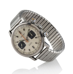 GEVEA automatic alarm wristwatch in stainless steel case with silvered dial, dual second and sweep dials, stainless steel flexi-band, circa 1960. 4cm wide including crown