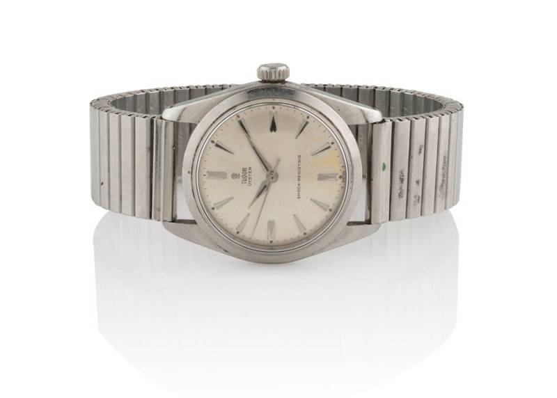 TUDOR "OYSTER" automatic wristwatch in stainless steel ROLEX Geneva case with silver dial and stainless steel expandable band, circa 1965. 3.8cm wide including crown