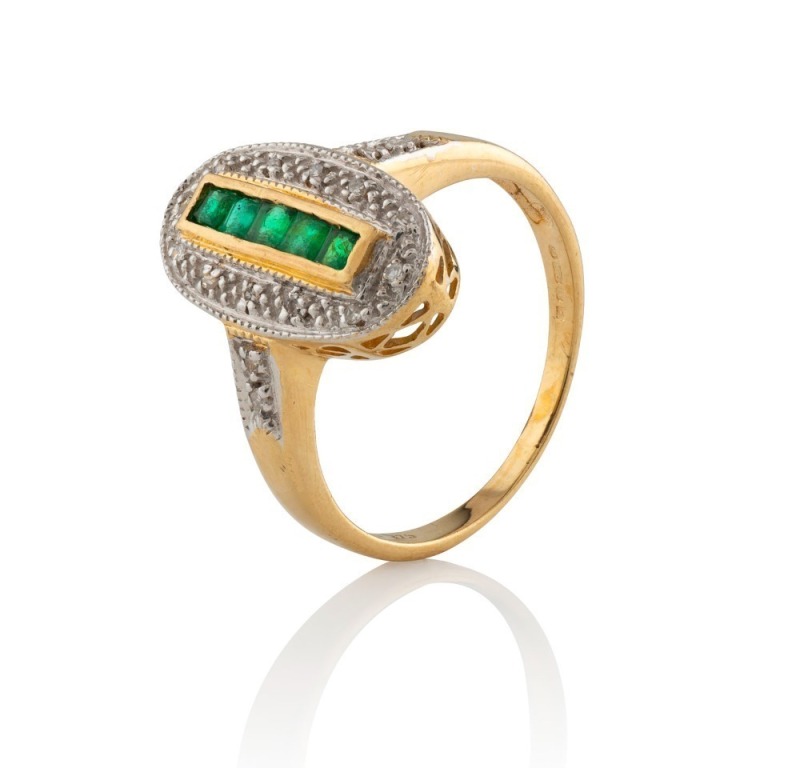 A 9ct yellow and white gold ring, set with a row of five emeralds surrounded by pave set diamonds, 20th century, stamped "375", ​​​​​​​3 grams