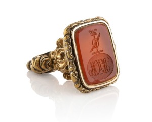 A 15ct yellow gold mounted carnelian seal, 19th century, 3cm high