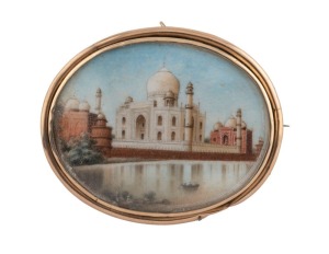 TAJ MAHAL hand-painted miniature on ivory, in a 15ct gold brooch/pendant mount, 19th century, 7cm wide