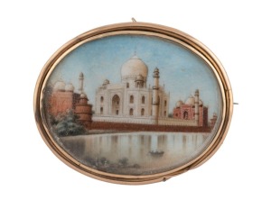 TAJ MAHAL hand-painted miniature on ivory, in a 15ct gold brooch/pendant mount, 19th century, ​​​​​​​7cm wide