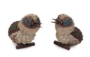 A pair of pinecone kookaburra ornaments, circa 1920, 9cm wide, 12cm long