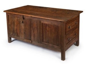 A Colonial Baltic pine scullery table with removable door and two drawers on the side, South Australian origin, 19th century,  79cm high, 163cm wide, 90cm deep