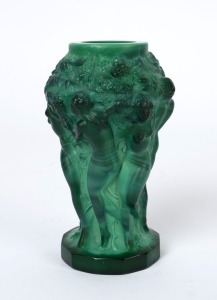 Bohemian Art Deco malachite glass vase adorned with grapes and nude figures, circa 1920s, 13cm high
