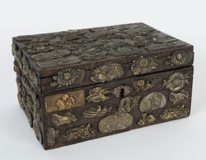 An antique Japanese elm box decorated with ornate metal mounts, Meiji period, 19th century, 10cm high, 20cm wide, 13.5cm deep