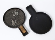 An antique Japanese bronze hand mirror with original rattan handle and travelling case, Meiji period, 19th century, ​​​​​​​34cm high