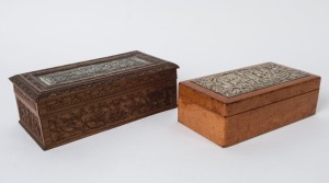 A vintage cigarette box, pig skin with repousse silver top, interior lined in cedar with sterling silver plaque, 20th century; together with an Indian carved rosewood box adorned with decorative silver top, 20th century, (2 items), ​​​​​​​the larger 22.5c