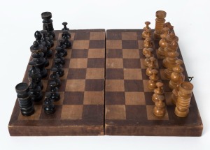 Carved timber chess set in timber games box, 20th century, the box 35cm wide