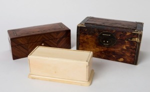 Three fine antique boxes, including ivory, turtle shell and brass, and a French kingwood example, 19th century, the largest 14.5cm wide
