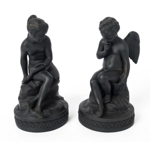 WEDGWOOD pair of black basalt porcelain classical statues, late 19th century, stamped "Wedgwood, Etruria​​​​​​​, England", 20cm and 21cm high