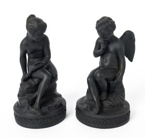 WEDGWOOD pair of black basalt porcelain classical statues, late 19th century, stamped "Wedgwood, Etruria, England", 20cm and 21cm high