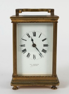 An antique French carriage clock with Roman numerals, retailed by WILLIAM DRUMMOND of Melbourne, 19th/20th century, ​​​​​​​15cm high