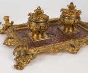 A superb three piece antique French desk set comprising of a double inkwell and pair of candle sticks, sumptuously crafted in gilt bronze and copper, 19th century, the inkwell 37cm wide, the candle sticks 25cm high - 2