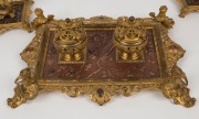 A superb three piece antique French desk set comprising of a double inkwell and pair of candle sticks, sumptuously crafted in gilt bronze and copper, 19th century, the inkwell 37cm wide, the candle sticks 25cm high - 3