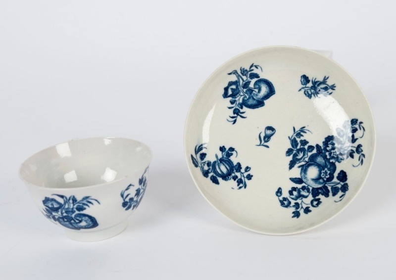 WORCESTER antique English blue and white porcelain tea bowl and saucer, DR. WALL period, mid 18th century, (2 items), blue crescent marks, ​​​​​​​the saucer 12.5cm diameter