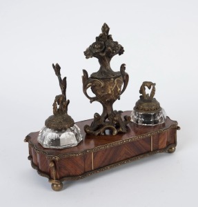 An antique French kingwood desk set with ormolu mounts and cut glass bottles, 19th century, 19cm high, 22cm wide