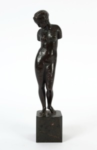 ARTIST UNKNOWN antique cast bronze statue of a female standing nude, on marble plinth, 19th/20th century, 30cm high, ​​​​​​​