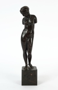 ARTIST UNKNOWN antique cast bronze statue of a female standing nude, on marble plinth, 19th/20th century, 30cm high, 