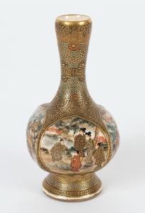 SATSUMA antique Japanese earthenware miniature vase, Meiji period, 19th century, gold and black seal mark to base with remains of original paper label, 9cm high