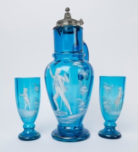MARY GREGORY antique blue glass jug with pewter mounts, together with a pair of matching highball glasses, 19th century, (3 items), the jug 36cm high