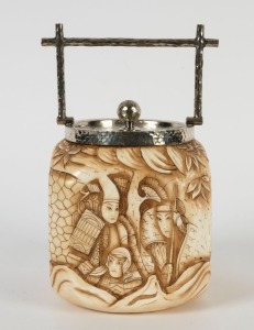 An antique English porcelain biscuit barrel with silver plated mount, executed in the Japanese style, late 19th century, 21cm high overall