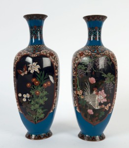 A pair of antique Japanese cloisonne vases decorated with cockerels and wisteria, Meiji period, 19th century, 30cm high