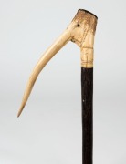 An antique walking stick with novelty handle made from carved deer antler, with palm wood shaft and bone ferrule, 19th century, 94cm high