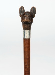 An antique walking stick with carved boxwood animal head handle, set with glass eyes, mounted with silver finished collar above a fiddleback timber shaft with brass ferrule, 19th century, 87cm high