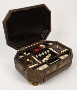 An antique Chinese Cantonese export ware sewing box with gilt decoration and black lacquered finish, interior fitted with compartments and original ivory implements, 19th century, 16cm high, 37cm wide, 26cm deep - 2