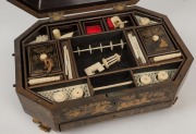 An antique Chinese Cantonese export ware sewing box with gilt decoration and black lacquered finish, interior fitted with compartments and original ivory implements, 19th century, 16cm high, 37cm wide, 26cm deep - 3