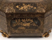 An antique Chinese Cantonese export ware sewing box with gilt decoration and black lacquered finish, interior fitted with compartments and original ivory implements, 19th century, 16cm high, 37cm wide, 26cm deep - 4