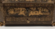 An antique Chinese Cantonese export ware sewing box with gilt decoration and black lacquered finish, interior fitted with compartments and original ivory implements, 19th century, 16cm high, 37cm wide, 26cm deep - 6
