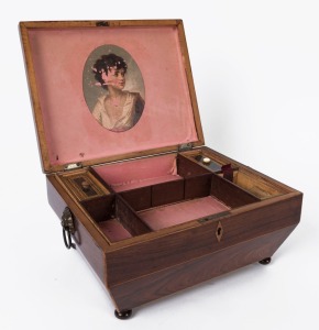 An antique English Kingwood sewing box of sarcophagus form, interior fitted with compartments and lithograph portrait, early to mid 19th century, 14cm high, 27cm wide, 22cm deep