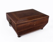An antique English Kingwood sewing box of sarcophagus form, interior fitted with compartments and lithograph portrait, early to mid 19th century, 14cm high, 27cm wide, 22cm deep - 2