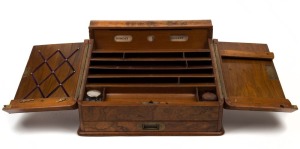 An antique English burr walnut desk compendium with slope top, 19th century, 26cm high, 41cm wide, 33cm deep