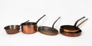 COOK WARE group of five antique copper pans with brass and iron handles, 19th/20th century, ​​​​​​​the largest 31.5cm wide