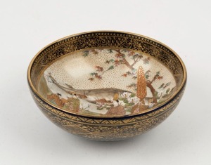 SATSUMA Japanese bowl with blue ground and gilded highlights, Meiji period, 19th/20th century, ​​​​​​​gold seal mark to base, 5cm high, 12cm diameter