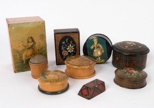 Nine assorted boxes and sewing implements including thread dispenser, needle case and pin cushion, 19th/20th century, the largest 12.5cm wide