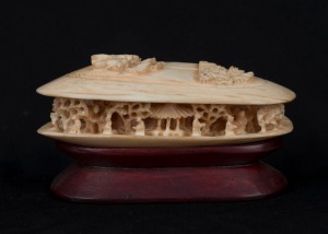 An antique Chinese carved ivory clam shell ornament, on wooden stand, early 20th century, 5.5cm high overall, 10.5cm wide