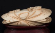 An antique Chinese carved ivory clam shell ornament, on wooden stand, early 20th century, ​​​​​​​5.5cm high overall, 10.5cm wide - 4