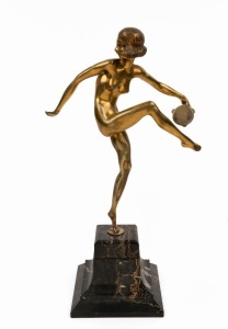 A French Art Deco bronze statue of a dancing lady, cast bronze and marble, circa 1920s ​​​​​​​46cm high