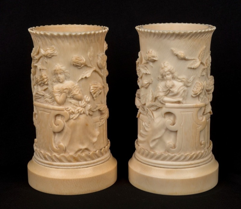 A pair of antique Dieppe carved ivory vases, 19th century, ​​​​​​​13cm high