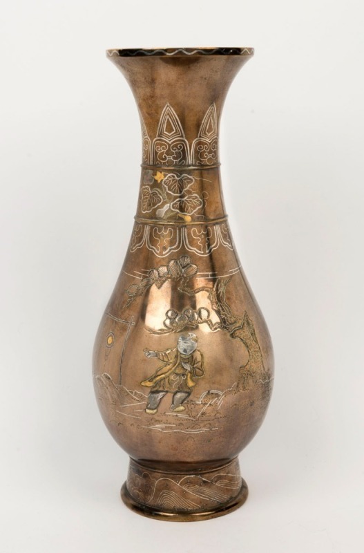 A Japanese bronze vase inlaid with silver and gold, Meiji period, 19th century, 31.5cm high