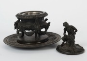 An antique French figural bronze lidded inkwell with tray, 19th century, 19cm high - 2