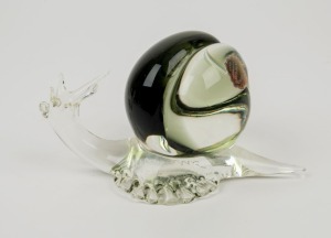 A Murano glass snail ornament, engraved signature to base dated 1976, with original foil label, 10cm high, 15cm long