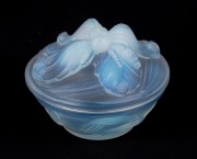 ETLING&nbsp;French opalescent Art Deco circular glass jewellery box with floral motif, stamped "Etling, France, 273", 8cm high, 11cm diameter